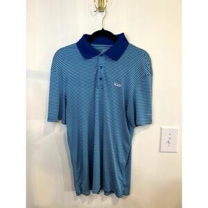 AFTCO Performance Polo Shirt Men's Medium Blue Striped Fishing Golf Moisture Wic